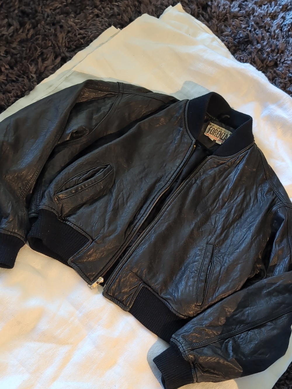 Forenza Black Leather Bomber Jacket with Ribbed Trim